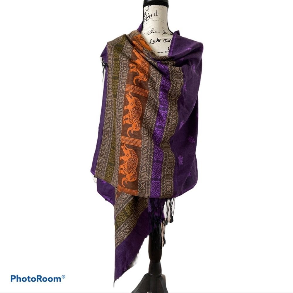 Purple Orange Elephant Boho Wrap Cape Shawl Button Fringe Festival One Size